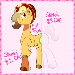 Size: 2000x2000 | Tagged: safe, artist:von babbitt, imported from derpibooru, oc, oc only, oc:snickerdoodle crisp, earth pony, pony, advertisement, commission info, solo