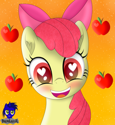 Size: 3840x4154 | Tagged: safe, artist:damlanil, imported from derpibooru, apple bloom, earth pony, pony, adorabloom, apple, apple bloom's bow, blushing, bow, cute, female, filly, food, hair bow, happy, heart, heart eyes, looking at you, mare, open mouth, simple background, smiling, vector, weapons-grade cute, wingding eyes