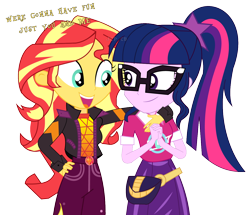 Size: 1298x1115 | Tagged: safe, artist:jcpreactyt, imported from derpibooru, sci-twi, sunset shimmer, twilight sparkle, equestria girls, friendship is magic, clothes, cute, duo, duo female, female, lesbian, pants, scitwishimmer, shimmerbetes, shipping, shirt, simple background, skirt, sunlight, sunsetsparkle, together, together forever, transparent background, twiabetes