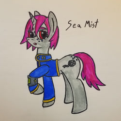 Size: 1024x1024 | Tagged: safe, artist:dice-warwick, imported from derpibooru, oc, oc only, oc:sea mist, pony, unicorn, fallout equestria, fallout equestria: all roads lead home, pipbuck, solo, traditional art