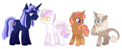 Size: 1024x408 | Tagged: safe, artist:hopenotfound, artist:sakurainu2715, imported from derpibooru, oc, oc only, hybrid, pegasus, pony, unicorn, female, glasses, interspecies offspring, magical lesbian spawn, male, mare, offspring, parent:discord, parent:fluttershy, parent:king sombra, parent:moondancer, parent:princess cadance, parent:saffron masala, parent:shining armor, parent:twilight sparkle, parents:discoshy, parents:shiningcadance, parents:twibra, simple background, stallion, transparent background