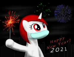 Size: 2420x1880 | Tagged: safe, artist:strategypony, imported from derpibooru, oc, oc only, oc:ruby, unicorn, 2021, coronavirus, covid-19, face mask, fireworks, hoof hold, mask, new year, sparkler (firework)