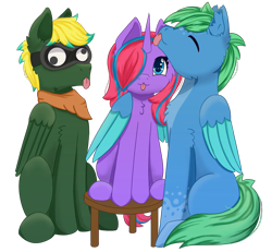 Size: 1300x1200 | Tagged: safe, artist:backgroundpony#f352, imported from derpibooru, oc, oc only, pegasus, unicorn, derpibooru community collaboration, 2021 community collab, blue eyes, clothes, eyes closed, goggles, googly eyes, scarf, simple background, stool, tongue out, transparent background, wings