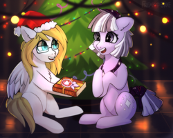 Size: 2500x2000 | Tagged: safe, artist:freak-side, imported from derpibooru, oc, oc:bright calm, oc:misty light, earth pony, pegasus, pony, christmas, christmas lights, christmas tree, holiday, present, tree