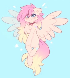 Size: 2491x2748 | Tagged: safe, artist:_stellarsleep, imported from derpibooru, oc, oc only, pegasus, pony, blue background, blushing, cheek fluff, chest fluff, chocker, choker, flying, not fluttershy, simple background, smiling, solo, sparkles, spread wings, wings