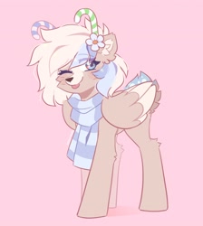 Size: 2556x2849 | Tagged: safe, artist:_stellarsleep, imported from derpibooru, oc, oc only, oc:eirian, deer, deer pony, hybrid, original species, pegasus, peryton, pony, ;p, candy, candy cane, clothes, flower, flower in hair, food, looking at you, one eye closed, pink background, scarf, simple background, smiling, tongue out, wink