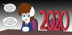 Size: 2380x1166 | Tagged: safe, artist:aarondrawsarts, imported from derpibooru, oc, oc:brain teaser, earth pony, pony, 2020, 2020 hate, clothes, dialogue, earth pony oc, glasses, lawyer, male, stallion, suit, sweat, wat