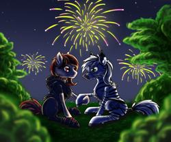 Size: 1764x1466 | Tagged: safe, artist:dragonofra, imported from derpibooru, oc, oc only, oc:palatinatus clypeus, pony, zebra, boyfriend and girlfriend, couple, fireworks, new year, night, scenery