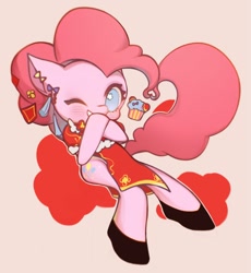 Size: 1000x1086 | Tagged: safe, artist:dengdengbobo, imported from derpibooru, pinkie pie, earth pony, semi-anthro, bow, cheongsam, clothes, cute, diapinkes, ear piercing, earring, food, jewelry, no pupils, one eye closed, piercing, shoes, solo