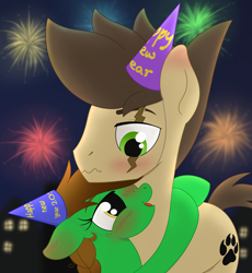 Size: 1618x1756 | Tagged: safe, artist:dyonys, imported from derpibooru, oc, oc:lucky brush, oc:night chaser, blushing, drunk, fireworks, freckles, hat, hug, luckychaser, new year, new years eve, party hat, scar