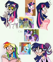 Size: 1747x2015 | Tagged: safe, artist:citi, imported from derpibooru, screencap, discord, princess cadance, rainbow dash, starlight glimmer, human, a matter of principals, the lost treasure of griffonstone, three's a crowd, what about discord?, alternate hairstyle, clothes, cosplay, costume, crossdressing, femboy discord, humanized, mane swap, manebow sparkle, scene interpretation, screencap reference, wig