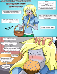 Size: 1275x1650 | Tagged: safe, artist:dywtba-alt-universe, imported from derpibooru, derpy hooves, oc, oc:juto, equestria girls, :3, basket, blushing, breasts, busty derpy hooves, comic, delivery, eating, eyes closed, food, hand on head, happy, i just don't know what went wrong, implied pinkie pie, muffin, offscreen character