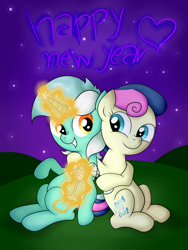 Size: 3024x4032 | Tagged: safe, artist:background basset, imported from derpibooru, bon bon, lyra heartstrings, sweetie drops, earth pony, pony, unicorn, alcohol, arm around neck, champagne, duo, female, glass, hoof around neck, lesbian, lyrabon, magic, new year, night, shipping, smiling, stars, text, wine