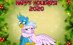 Size: 2064x1289 | Tagged: safe, artist:ejlightning007arts, imported from derpibooru, gallus, silverstream, griffon, hippogriff, blue christmas, christmas, female, friends, friendship, gallstream, hearth's warming, holiday, hug, implied gallstream, looking at each other, lyrics in the description, male, new year, shipping, smiling, straight, youtube link, youtube link in the description