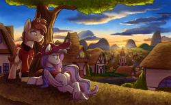 Size: 2200x1358 | Tagged: safe, artist:tsitra360, imported from derpibooru, imported from ponybooru, oc, oc only, pegasus, pony, unicorn, butt, clothes, cloud, commission, cutie mark, dock, duo, female, hat, high res, hooves, horn, lying down, male, mare, plot, ponyville, scenery, shirt, smiling, stallion, sunhat, sunset, town hall, underhoof, wings