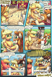 Size: 1080x1584 | Tagged: safe, artist:firefanatic, imported from derpibooru, applejack, arizona cow, big macintosh, minnesota (tfh), cow, earth pony, pony, comic:friendship management, them's fightin' herds, accent, arizona (tfh), barn, big grin, bruised, calf, comic, community related, dialogue, female, fence, fluffy, frightened, grin, hug, male, mare, onomatopoeia, security hug, smashing, smiling, sound effects, stallion, teary eyes, udder, what is hoo-man, worried, y'all