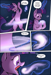 Size: 1772x2598 | Tagged: safe, artist:shieltar, imported from derpibooru, part of a set, twilight sparkle, pony, unicorn, comic:giant twilight, comic, cute, dialogue, female, galaxy, giant pony, giant twilight sparkle, giantess, jewelry, macro, magic, mare, necklace, part of a series, pony bigger than a galaxy, pony bigger than a planet, pony bigger than a solar system, pony bigger than a star, pony heavier than a black hole, pony heavier than a galaxy, signature, size difference, solo, space, stars, tangible heavenly object, unicorn twilight