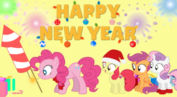 Size: 1000x550 | Tagged: safe, artist:agrol, imported from derpibooru, apple bloom, pinkie pie, scootaloo, sweetie belle, earth pony, pegasus, pony, unicorn, christmas, cutie mark crusaders, digital art, female, fireworks, happy new year, hat, holiday, hooves, horn, mare, mouth hold, new year, santa hat, simple background, tail, this will end in explosions, wings, yellow background