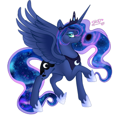 Size: 2714x2594 | Tagged: safe, artist:nightingalewolfie, imported from derpibooru, princess luna, alicorn, pony, crown, ethereal mane, feathered wings, female, hoof shoes, jewelry, mare, raised hoof, regalia, simple background, solo, spread wings, starry mane, transparent background, wings