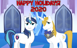 Size: 2064x1296 | Tagged: safe, artist:not-yet-a-brony, imported from derpibooru, prince blueblood, shining armor, unicorn, spoiler:comicff26, ambassador, christmas, crystal empire, friends, friendship, hearth's warming, holiday, lyrics in the description, male, new year, prince, song reference, stallion, winter, youtube link, youtube link in the description