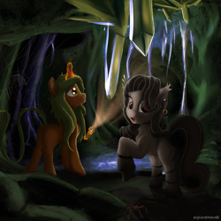 Size: 1881x1881 | Tagged: safe, artist:exploretheweb, imported from derpibooru, oc, oc only, oc:selketo, oc:valentora, bat pony, pony, spider, wingless bat pony, cave, couple, crystal, curly mane, fangs, female, flashlight (object), gradient hooves, jewelry, looking up, magic glow, male, married couple, piercing, scared, shine, shipping, smiling, solo, spider web, stalactite, straight, striped mane, stripes, water, wingless