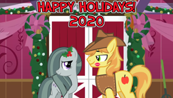 Size: 2064x1161 | Tagged: safe, anonymous artist, imported from derpibooru, braeburn, marble pie, earth pony, barn, braeble, brokeback mountain, cheek kiss, christmas, female, flower, flower in hair, hearth's warming, holiday, holly, indoors, kiss mark, kiss on the cheek, kissing, lipstick, looking at each other, lyrics in the description, male, movie reference, new year, shipping, smiling, song reference, straight, this will end in love, youtube link, youtube link in the description