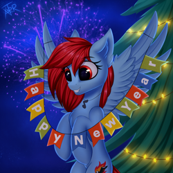 Size: 3000x3000 | Tagged: safe, artist:xanter, imported from derpibooru, oc, oc only, pegasus, pony, chest fluff, cute, ear fluff, female, fireworks, garland, happy new year, holiday, mare, night, open mouth, solo, spread wings, tree, wings