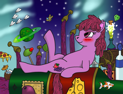 Size: 1656x1265 | Tagged: safe, artist:assertiveshypony, imported from derpibooru, berry punch, berryshine, earth pony, fish, goldfish, pony, alcohol, among us, barrel, bottle, champagne, cheese, cloud, coconut cup, coconut drink, corkscrew, crackers, crewmate, crystal, cutie mark, day, day and night, detailed background, digital art, drawing, dream, drunk, emerald, female, food, goblet, grape, lying on bottle, mare, night, olive, paper airplane, paper plane, pizza, planet, raised hoof, raised leg, rum, sea of wine, smiling, solo, stars, tan astronaut (among us), that pony sure does love alcohol, this will end in hangover, vodka, wine, wine bottle