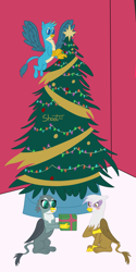 Size: 5000x10000 | Tagged: safe, artist:shooting star, imported from derpibooru, gabby, gallus, gilda, griffon, beak, blushing, christmas, christmas presents, christmas tree, holiday, paws, present, smiling, tree, wings