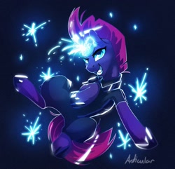 Size: 1397x1349 | Tagged: safe, artist:anticular, imported from derpibooru, tempest shadow, pony, unicorn, 2021, action pose, armor, broken horn, electricity magic, female, happy new year, holiday, horn, looking at you, magic, mare, midair, open mouth, smiling, solo, sparkles