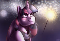 Size: 2048x1423 | Tagged: safe, artist:lrusu, imported from derpibooru, twilight sparkle, alicorn, pony, 2021, blushing, clothes, eye clipping through hair, female, fireworks, happy new year, holiday, mare, new year, scarf, smiling, solo, sparkler (firework), twilight sparkle (alicorn)