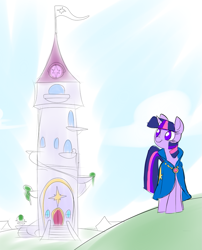 Size: 819x1012 | Tagged: safe, artist:metal-kitty, imported from derpibooru, twilight sparkle, pony, unicorn, alternate universe, archmage, cloak, clothes, female, flag, mage, mare, solo, tower, twilight's cutie mark, unicorn twilight, wizard