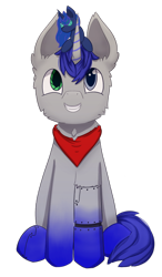 Size: 700x1200 | Tagged: safe, artist:backgroundpony#f352, imported from derpibooru, princess luna, oc, oc only, oc:astral blaze, cyborg, pony, unicorn, derpibooru community collaboration, 2021 community collab, clothes, fluffy, looking at you, luna plushie, plushie, robot eye, scarf, simple background, smiling, teeth, transparent background