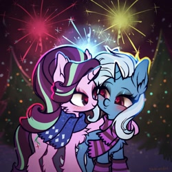 Size: 2000x2000 | Tagged: safe, artist:rrd-artist, imported from derpibooru, starlight glimmer, trixie, unicorn, 2021, blushing, chest fluff, christmas, christmas lights, christmas tree, clothes, duo, female, fireworks, happy new year, heart, heart eyes, holiday, lesbian, looking at each other, looking at someone, scarf, shipping, smiling, smiling at each other, snow, startrix, tree, wingding eyes, winter