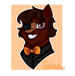 Size: 944x950 | Tagged: safe, artist:tohor_durachok, imported from derpibooru, oc, oc only, earth pony, pony, abstract background, bowtie, bust, clothes, earth pony oc, eyepatch, grin, male, signature, smiling, solo, stallion