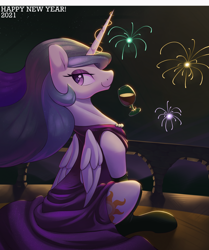 Size: 3500x4179 | Tagged: safe, artist:nookprint, imported from derpibooru, princess celestia, alicorn, pony, 2021, alcohol, clothes, dress, female, fireworks, glass, high res, lidded eyes, looking back, magic, mare, new year, night, profile, sitting, sky, socks, solo, telekinesis, wine, wine glass