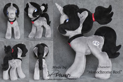 Size: 1307x871 | Tagged: safe, artist:wdeleon, imported from derpibooru, oc, oc only, oc:monochrome reel, pony, unicorn, craft, custom, female, irl, jewelry, mare, multiple angles, necklace, photo, plushie, ponytail, solo, standing, toy