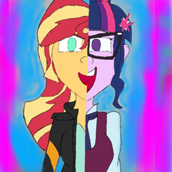 Size: 768x768 | Tagged: safe, artist:kleinerguyarts, imported from derpibooru, sci-twi, sunset shimmer, twilight sparkle, equestria girls, friendship games, art, deleted scene, digital, duet, glasses, song, what more is out there