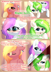 Size: 800x1132 | Tagged: safe, artist:alphadesu, imported from derpibooru, oc, oc only, oc:minty root, oc:snow kicker, pegasus, pony, unicorn, comic:sisterly love, blaze (coat marking), coat markings, comic, facial markings, female, fluffy, mare, misspelling, sad eyes, siblings, socks (coat markings)