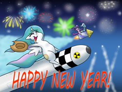 Size: 1600x1200 | Tagged: safe, artist:banebuster, imported from derpibooru, princess celestia, starlight glimmer, trixie, alicorn, pony, unicorn, series:tiny tia, 2021, cowboy hat, dr. strangelove, eyes closed, female, fireworks, happy new year, hat, holiday, mare, missile, nuclear weapon, open mouth, pointy ponies, rocket, this will end in death, this will not end well, toy interpretation, trixie's rocket, weapon