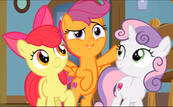Size: 1140x709 | Tagged: safe, imported from derpibooru, screencap, apple bloom, scootaloo, sweetie belle, the last crusade, bipedal, cropped, cutie mark crusaders, smiling, trio