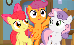 Size: 1156x707 | Tagged: safe, imported from derpibooru, screencap, apple bloom, scootaloo, sweetie belle, the last crusade, bipedal, cropped, cutie mark crusaders, smiling, trio