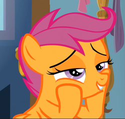 Size: 739x707 | Tagged: safe, imported from derpibooru, screencap, scootaloo, pegasus, pony, the last crusade, cropped, cute, cutealoo, daydream, lidded eyes, lip bite, solo, squishy cheeks