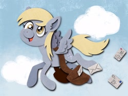 Size: 2048x1536 | Tagged: safe, artist:catscratchpaper, imported from derpibooru, derpy hooves, pegasus, pony, cloud, cute, cutout, derpabetes, ear fluff, female, flying, letter, mailbag, mare, open mouth, sky, solo