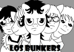 Size: 614x434 | Tagged: safe, artist:shinkuma, imported from ponybooru, earth pony, pony, band, chile, group photo, los bunkers, monochrome, music, parody, ponified