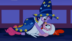 Size: 1366x768 | Tagged: safe, artist:thegamerpainter, edit, edited screencap, imported from ponybooru, screencap, pinkie pie, star swirl the bearded, twilight sparkle, luna eclipsed, animal costume, blushing, chicken suit, clothes, costume, female, hoof touching, lesbian, looking at each other, nightmare night, shipping, star swirl the bearded costume, twinkie