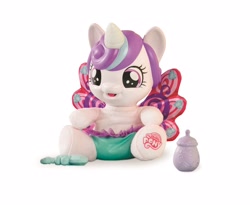 Size: 3392x2783 | Tagged: dead source, safe, imported from ponybooru, princess flurry heart, spoiler:s06, baby, baby bottle, female, irl, my little pony logo, open mouth, photo, solo, toy