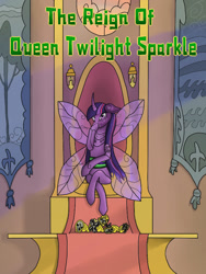 Size: 667x885 | Tagged: safe, imported from derpibooru, twilight sparkle, alicorn, changeling, changelingified, smiling, solo, species swap, throne, throne room, twilight sparkle (alicorn)