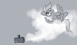 Size: 1717x1004 | Tagged: safe, artist:dawnfire, imported from ponybooru, derpy hooves, pegasus, pony, :i, cloud, female, fog, fog machine, mare, monochrome, on a cloud, on back, patreon, patreon reward, solo, spread wings, underhoof, wings