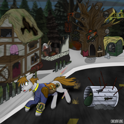 Size: 2400x2400 | Tagged: safe, artist:circumflexs, imported from derpibooru, oc, oc only, oc:littlepip, earth pony, pony, unicorn, fallout equestria, bag, clothes, fanfic, fanfic art, female, floppy ears, golden oaks library, gun, hooves, horn, mare, open mouth, pipbuck, ponyville, raider, rifle, ruins, running, running away, saddle bag, shooting, sniper, sniper rifle, solo focus, trash can, vault suit, weapon